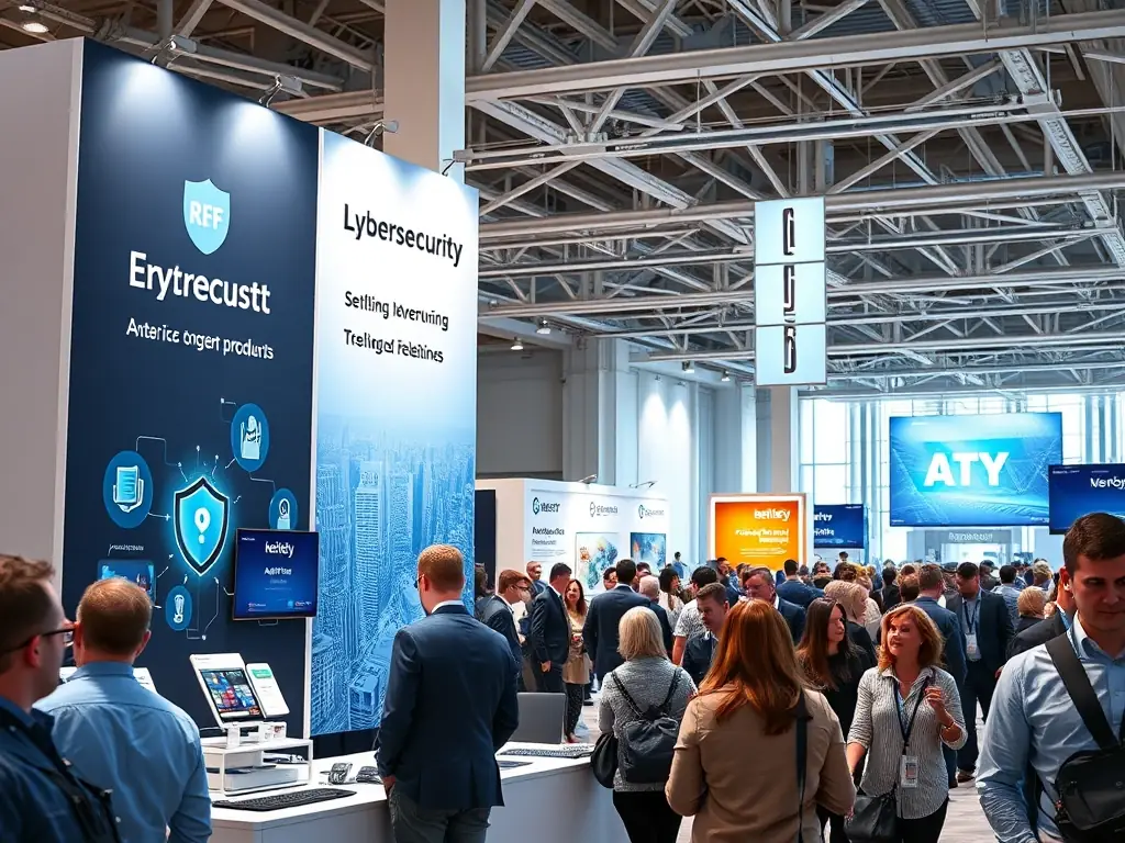 A booth at an Antiviruspoint-sponsored cybersecurity conference, with representatives from a leading antivirus vendor engaging with attendees and showcasing their latest products.
